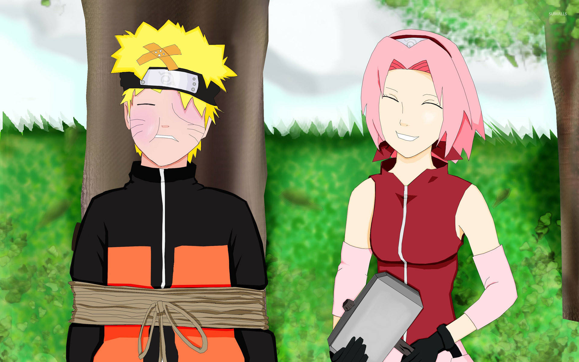 Tied Naruto With Sakura Background