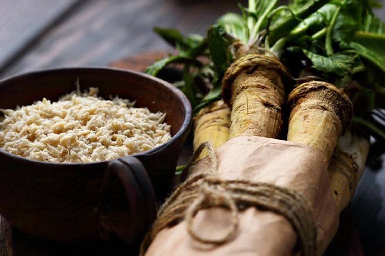 Tied-up Horseradish With Bowl Background