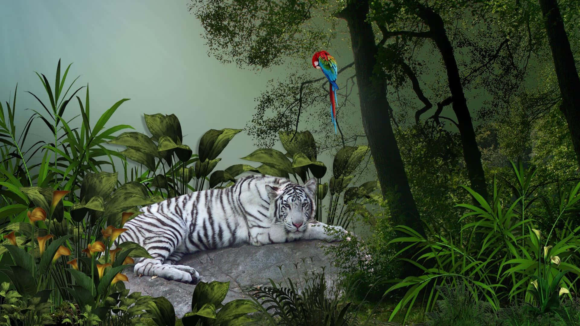 Tiger And Parrot In Jungle Desktop Background