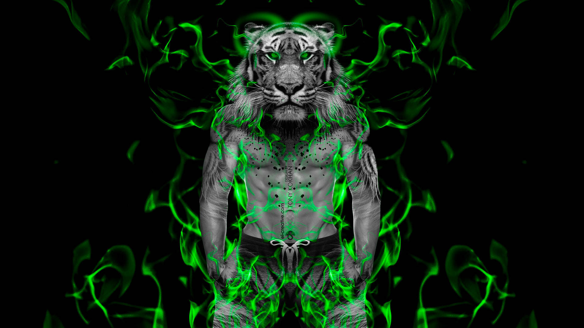 Tiger Head Human With Green Fire Background