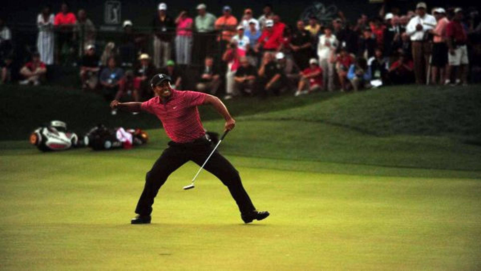 Tiger Woods Masters Celebration From Distance Background