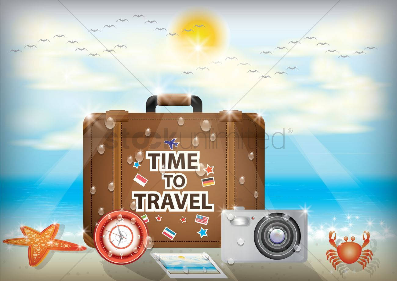 Time To Travel Suitcase And Camera On The Beach Background