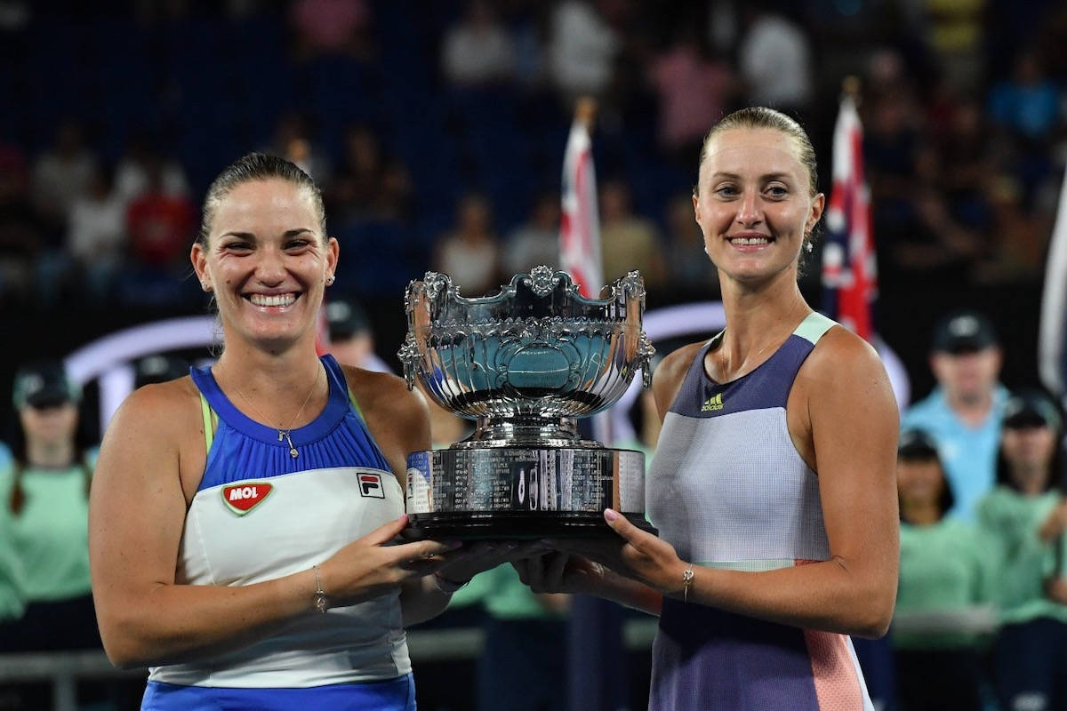 Timea Babos With Australian Open Cup Background