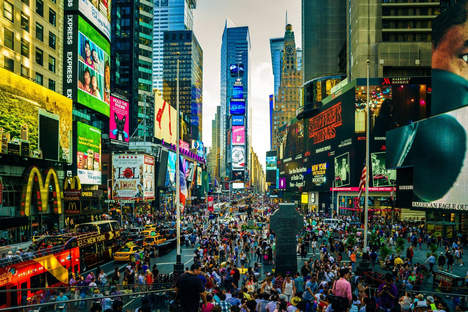 Times Square Buildings And Crowd Background