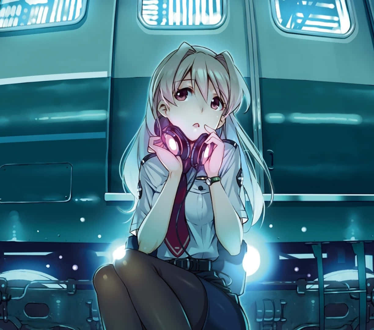 Timid Anime Girl Headphones Train Background