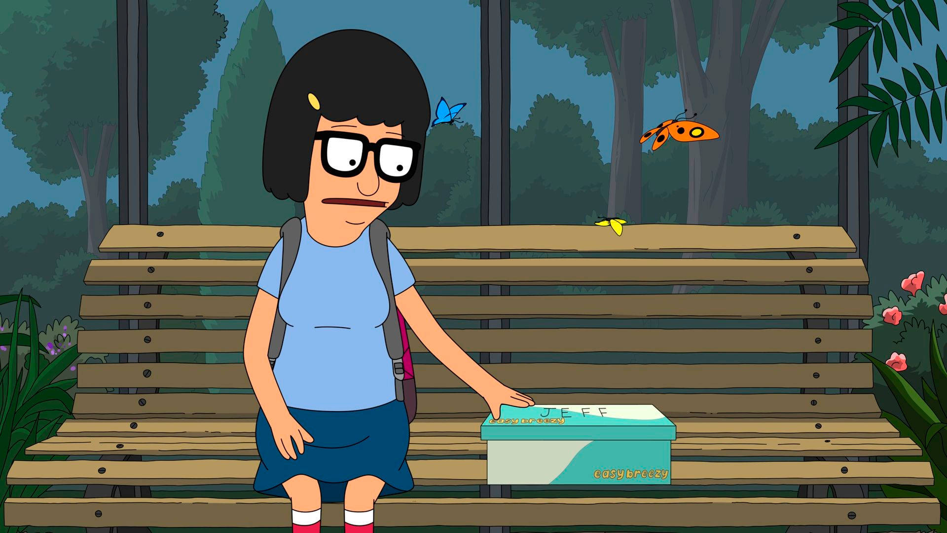 Tina Belcher Seated On A Bench Background