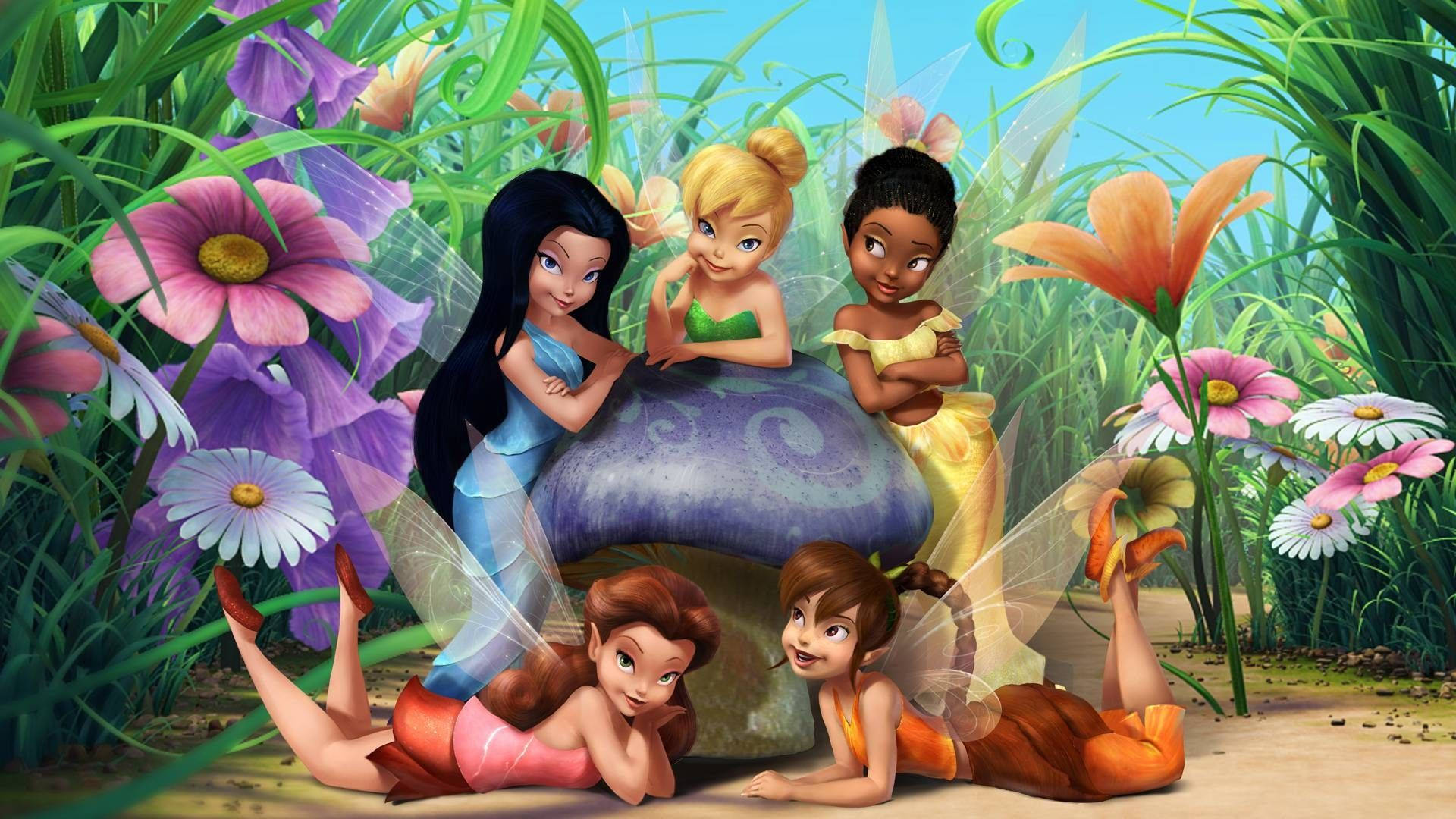 Tinkerbell And Friends On Mushroom Background
