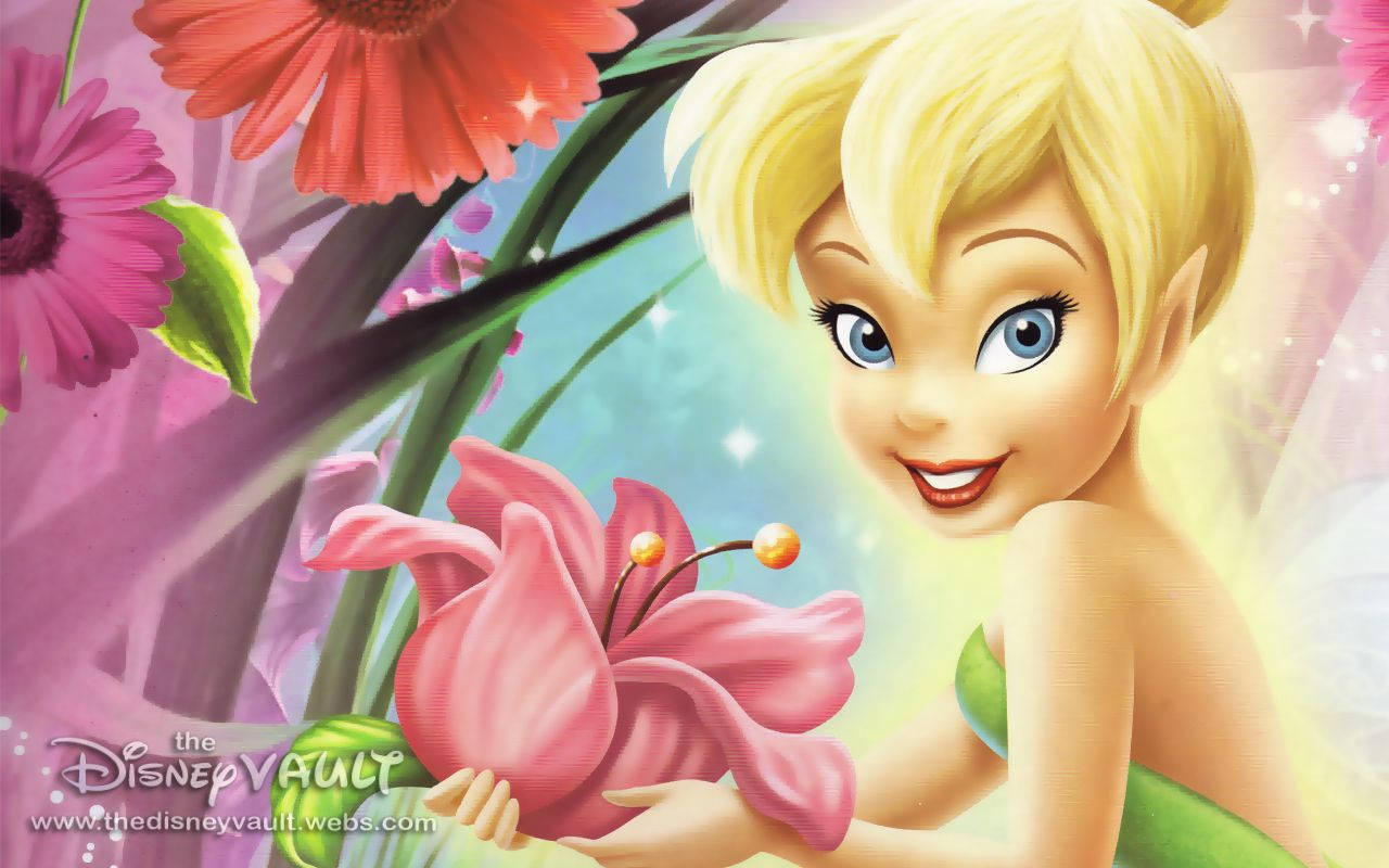 Tinkerbell Holding A Pink Flower Background