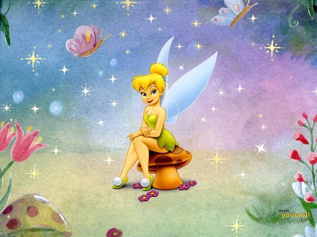 Tinkerbell Sitting On A Mushroom Background