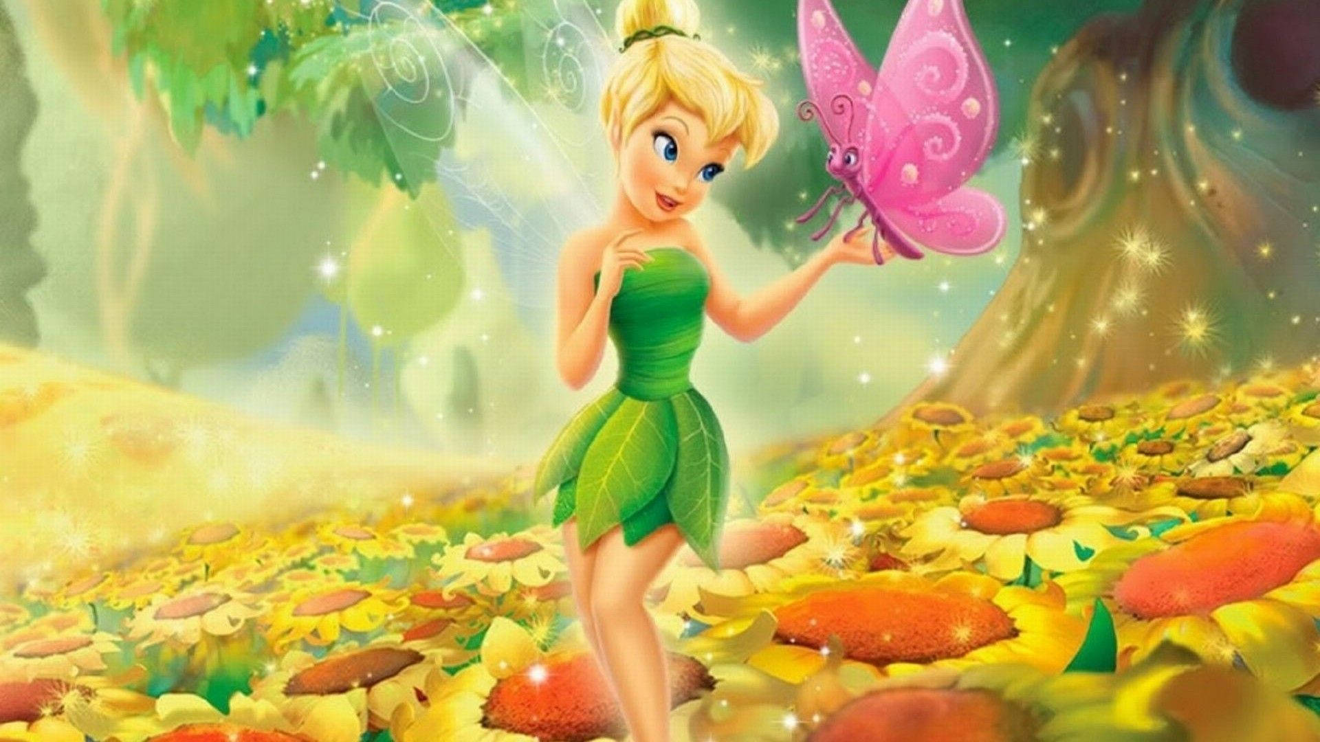 Tinkerbell With Pink Butterfly Friend Background