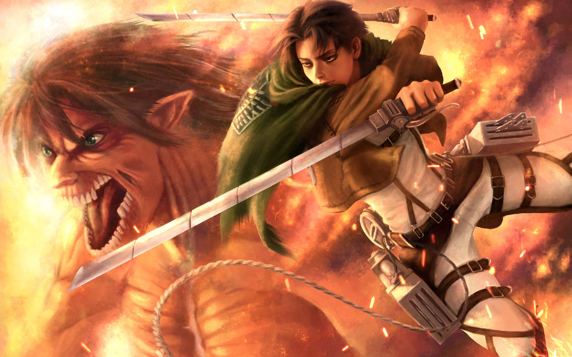 Titan Eren Yeager Fighting With Levi Background