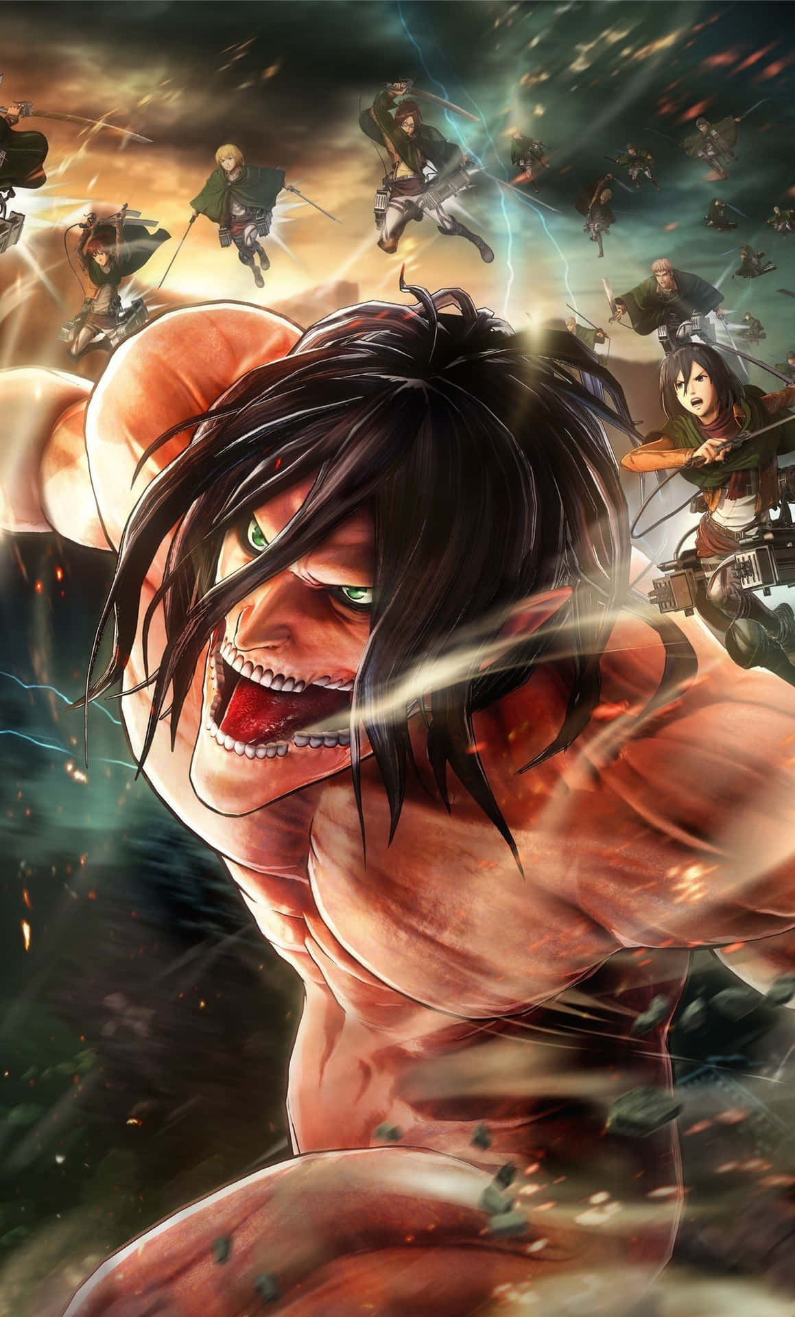 Titan Eren Yeager Fighting With Scouting Legions Background