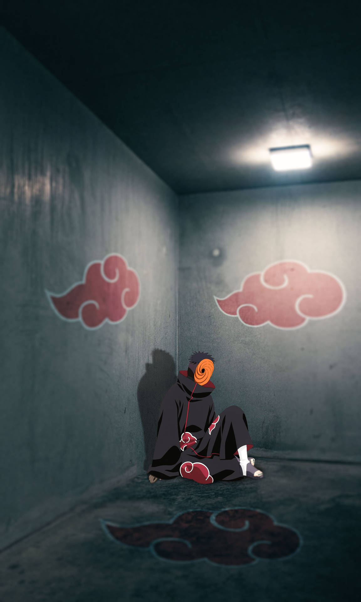 Tobi Naruto Sitting In Corner Akatsuki Symbol Background