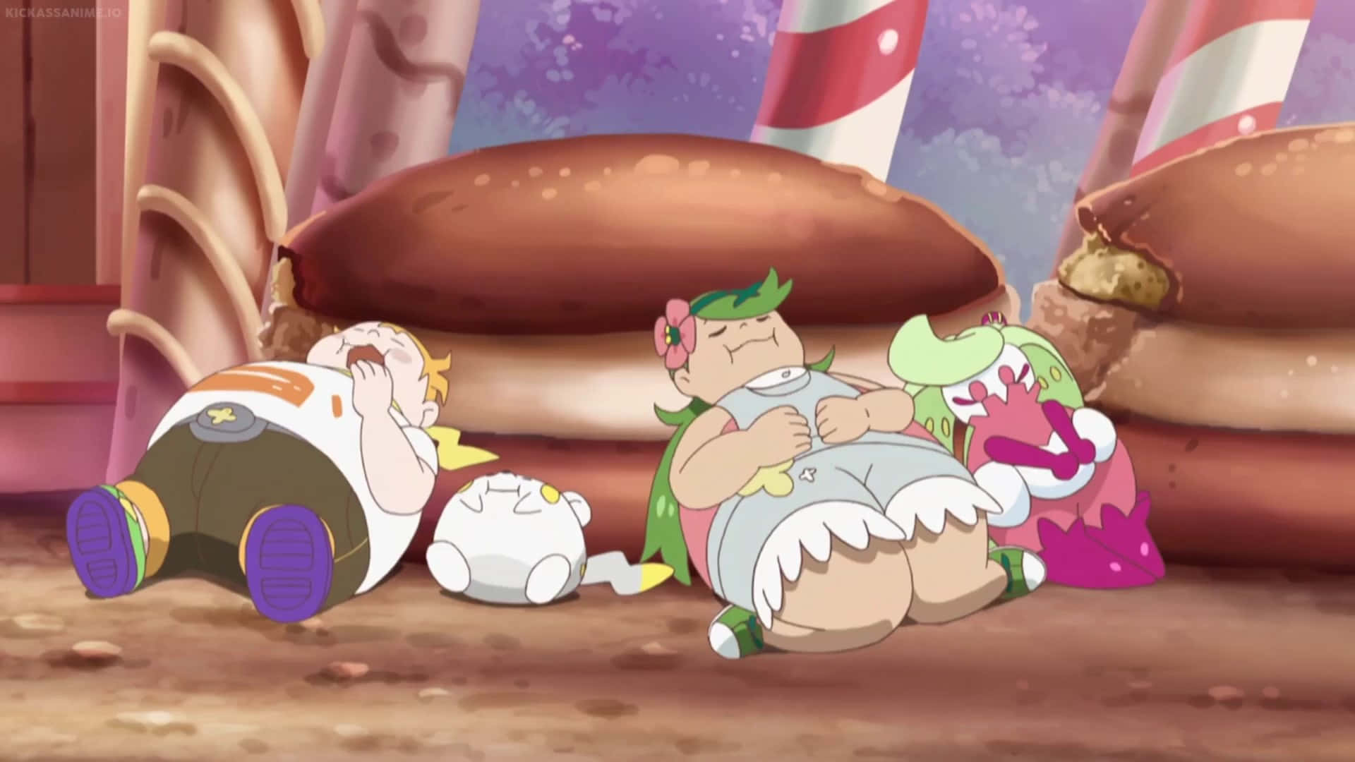 Togedemaru Sleeping Near Sophie And Mallow In The Pokémon Anime Background