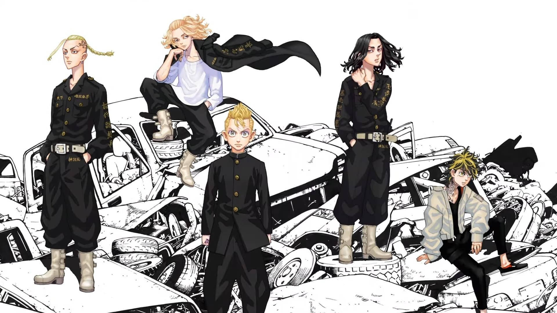 Tokyo Revengers Manga Characters Standing On Cars Background