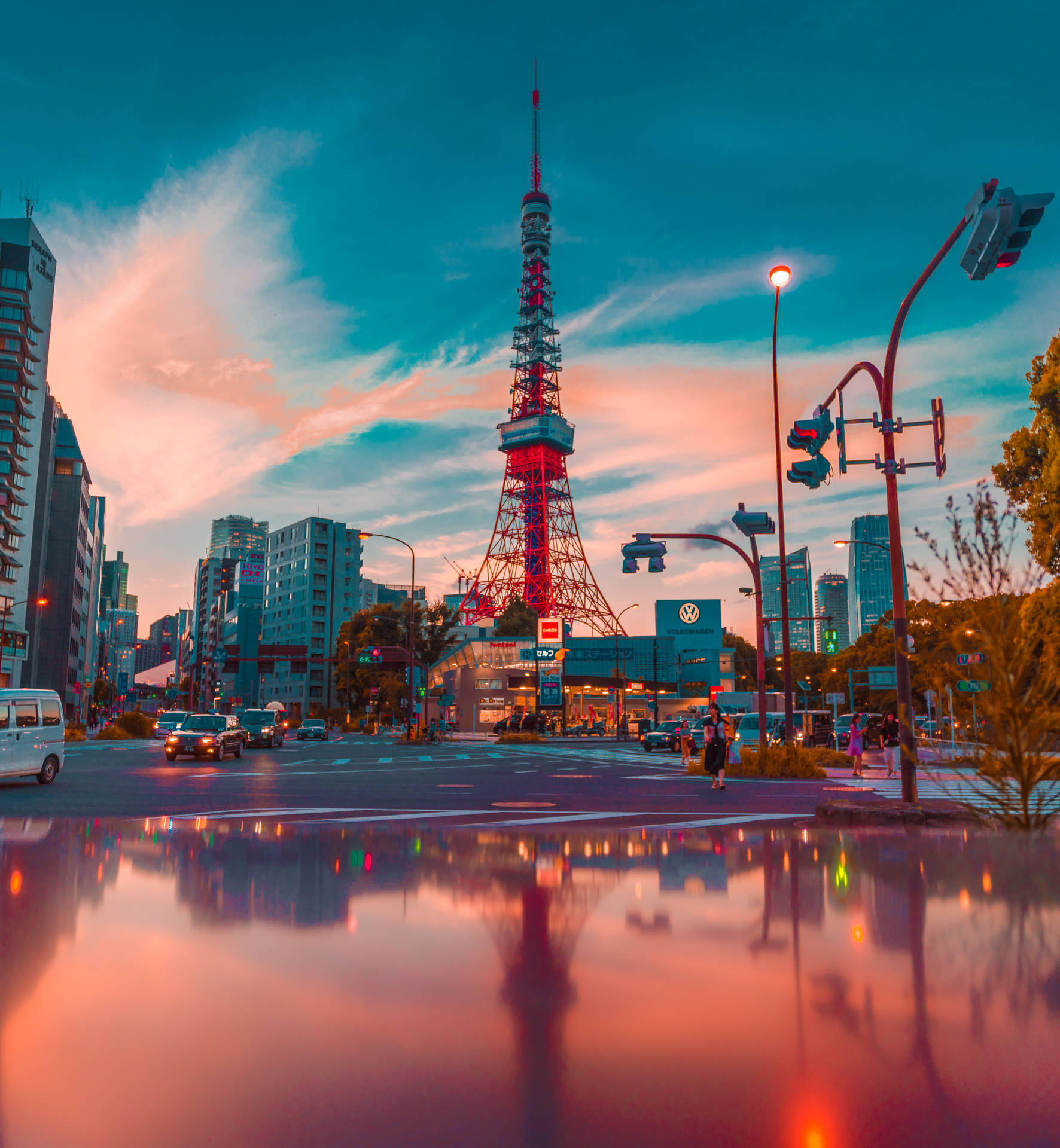 Tokyo Tower Overlooking City Street Background