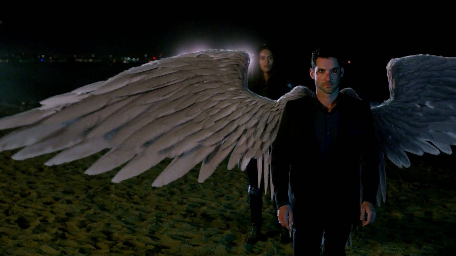 Tom Ellis As Lucifer Devil Showing His Wings Background