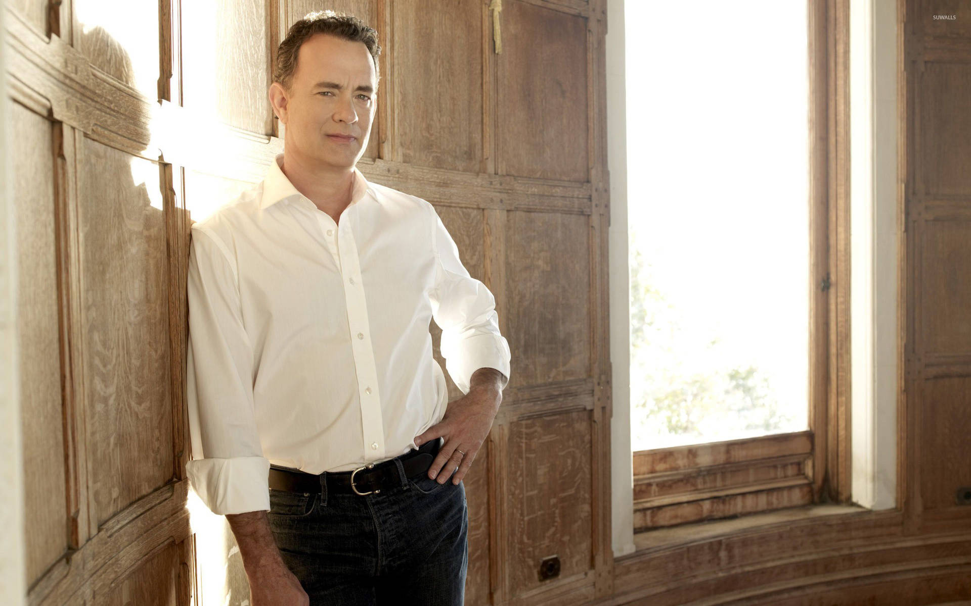 Tom Hanks Leaning On Wooden Wall Background