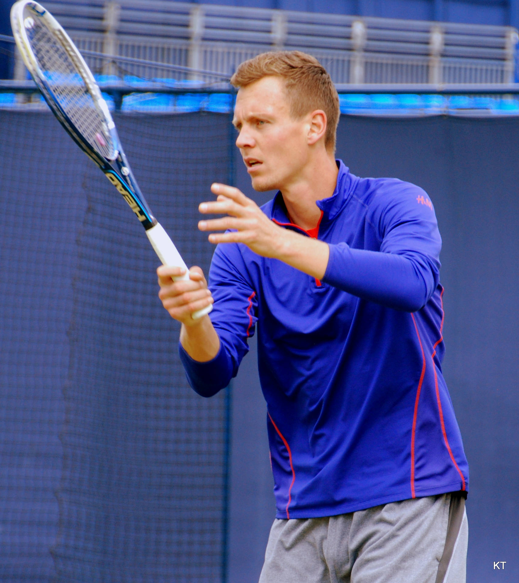 Tomas Berdych Holding Racket Blue Backdrop