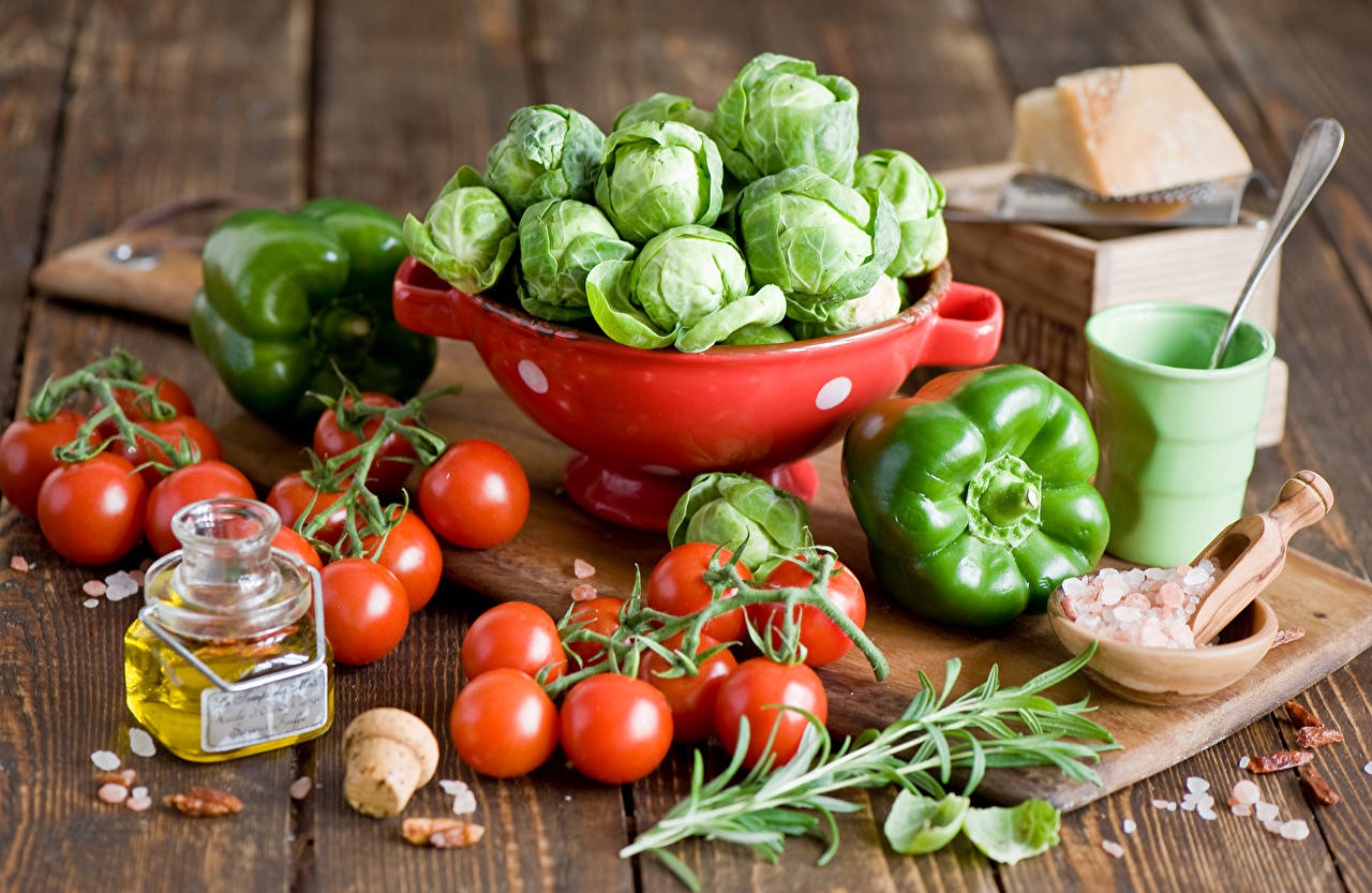 Tomatoes Brussels Bell Pepper Fruits On Wooden Table Background