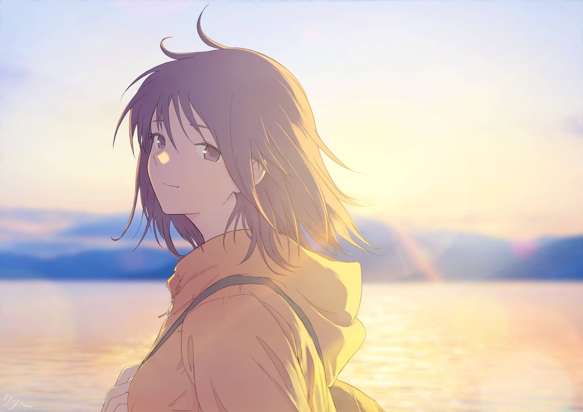 Tomboy Anime Girl In Yellow Hoodie Background