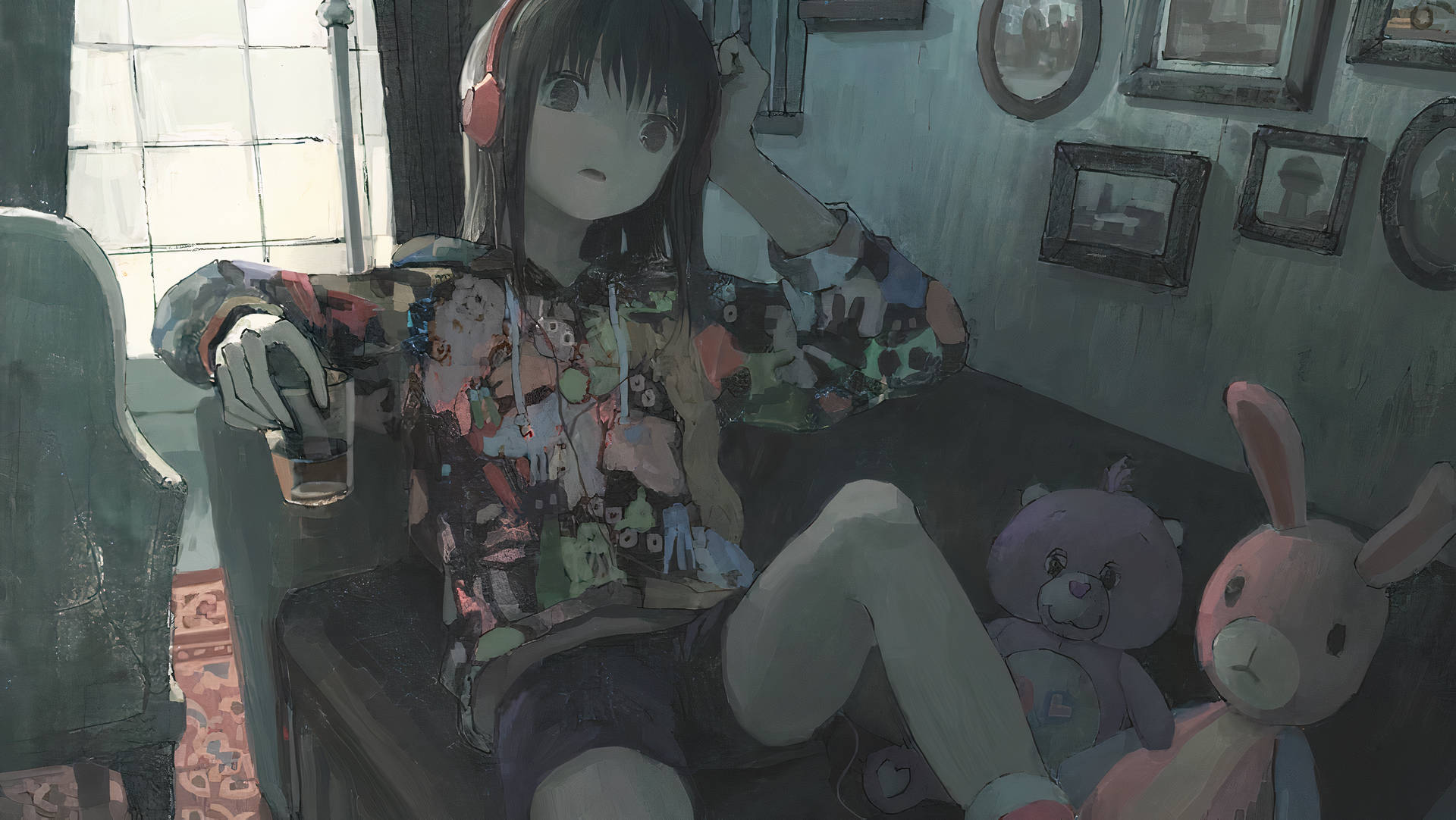 Tomboy Anime Girl With Stuffed Animals Background