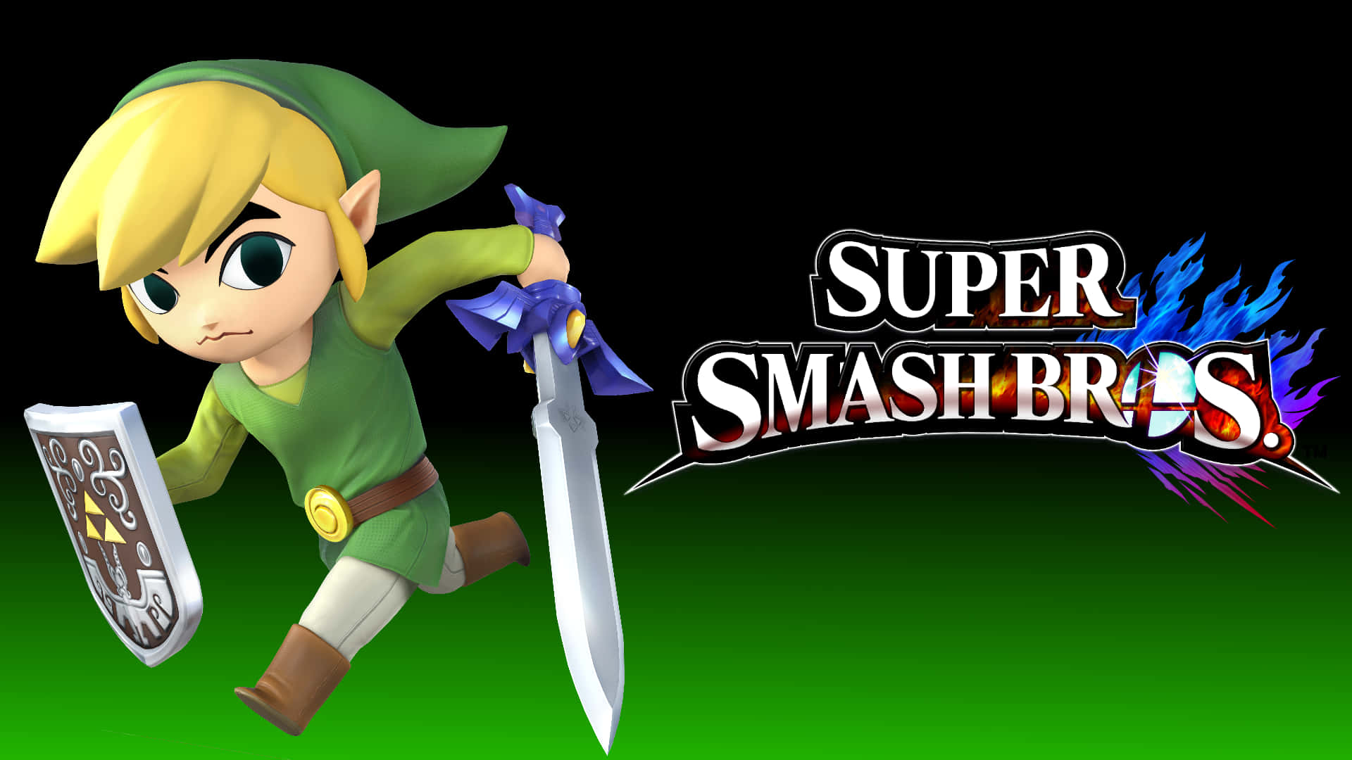 Toon Link With The Flaming Super Smash Bros Logo