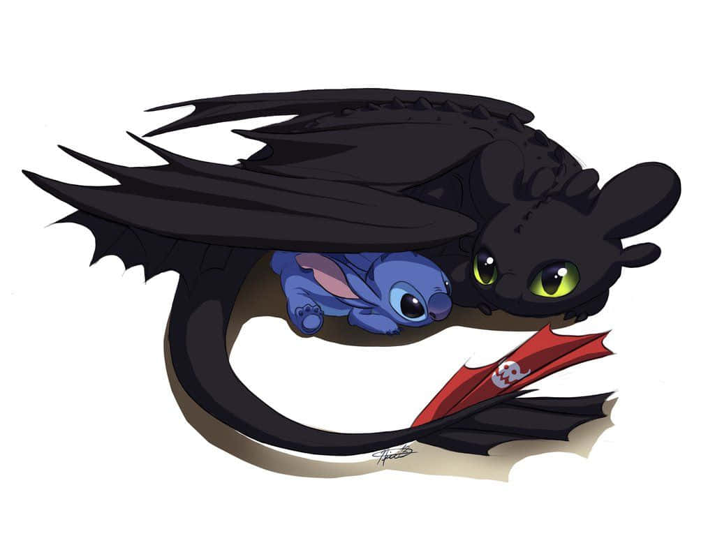 Toothless And Stitch Hiding Wing Background