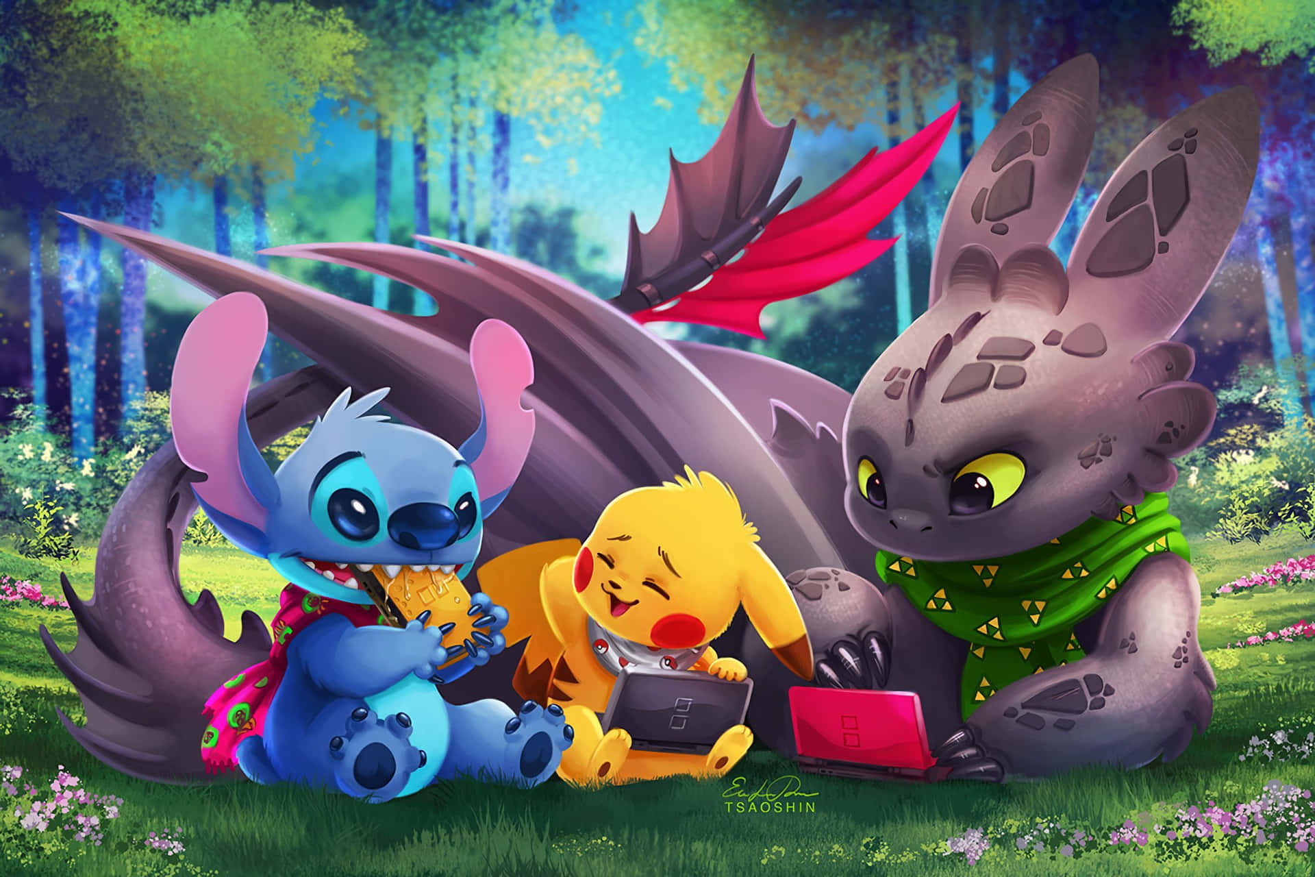 Toothless And Stitch Pikachu In Forest Background