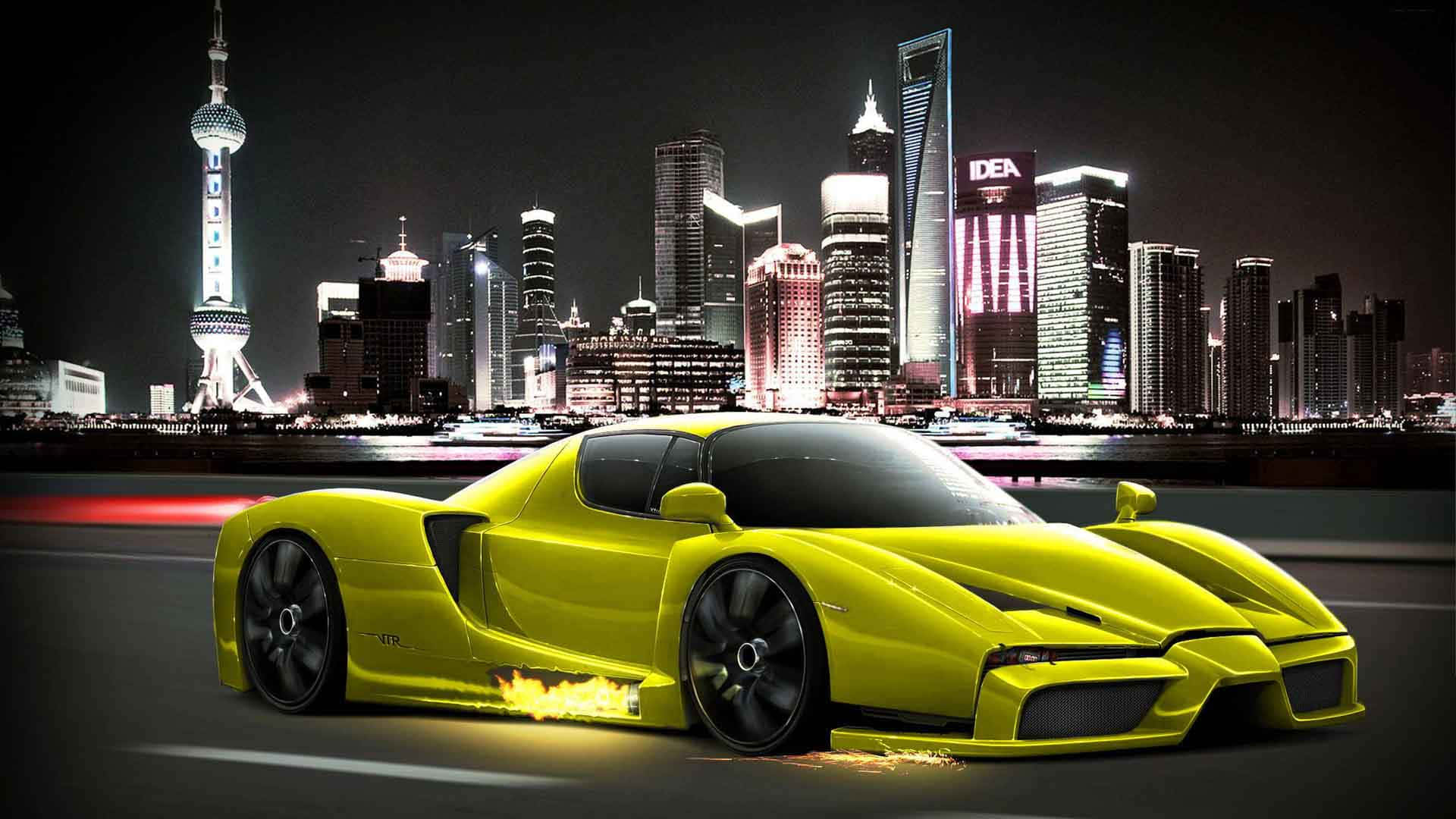 Top 10 Car Green Ferrari Enzo In City Background