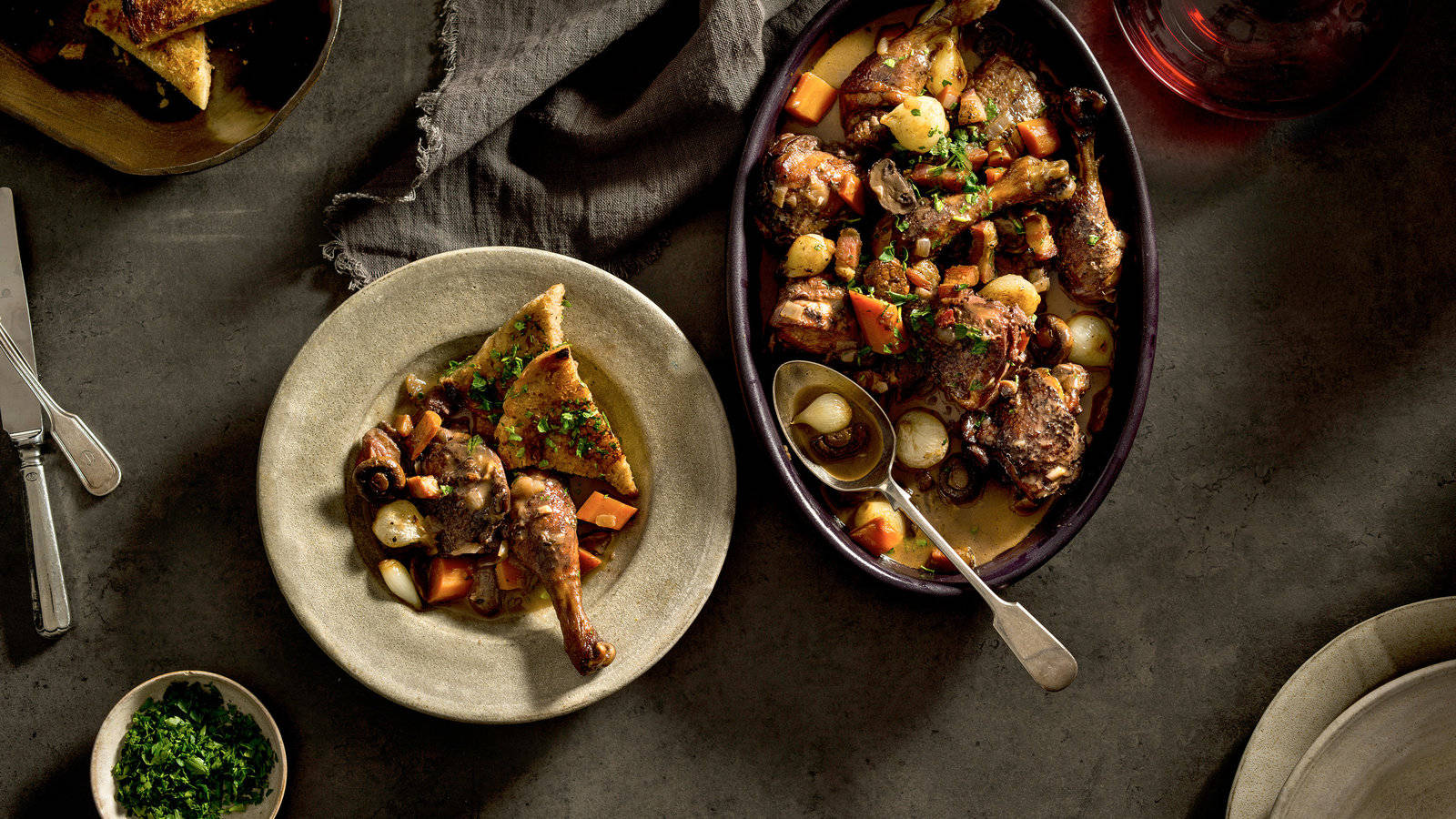 Top View Of A French Chicken Stew Coq Au Vin