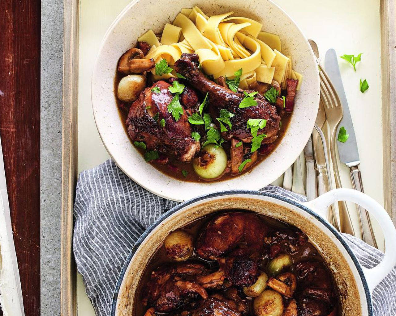 Top View Of Coq Au Vin With Pappardelle