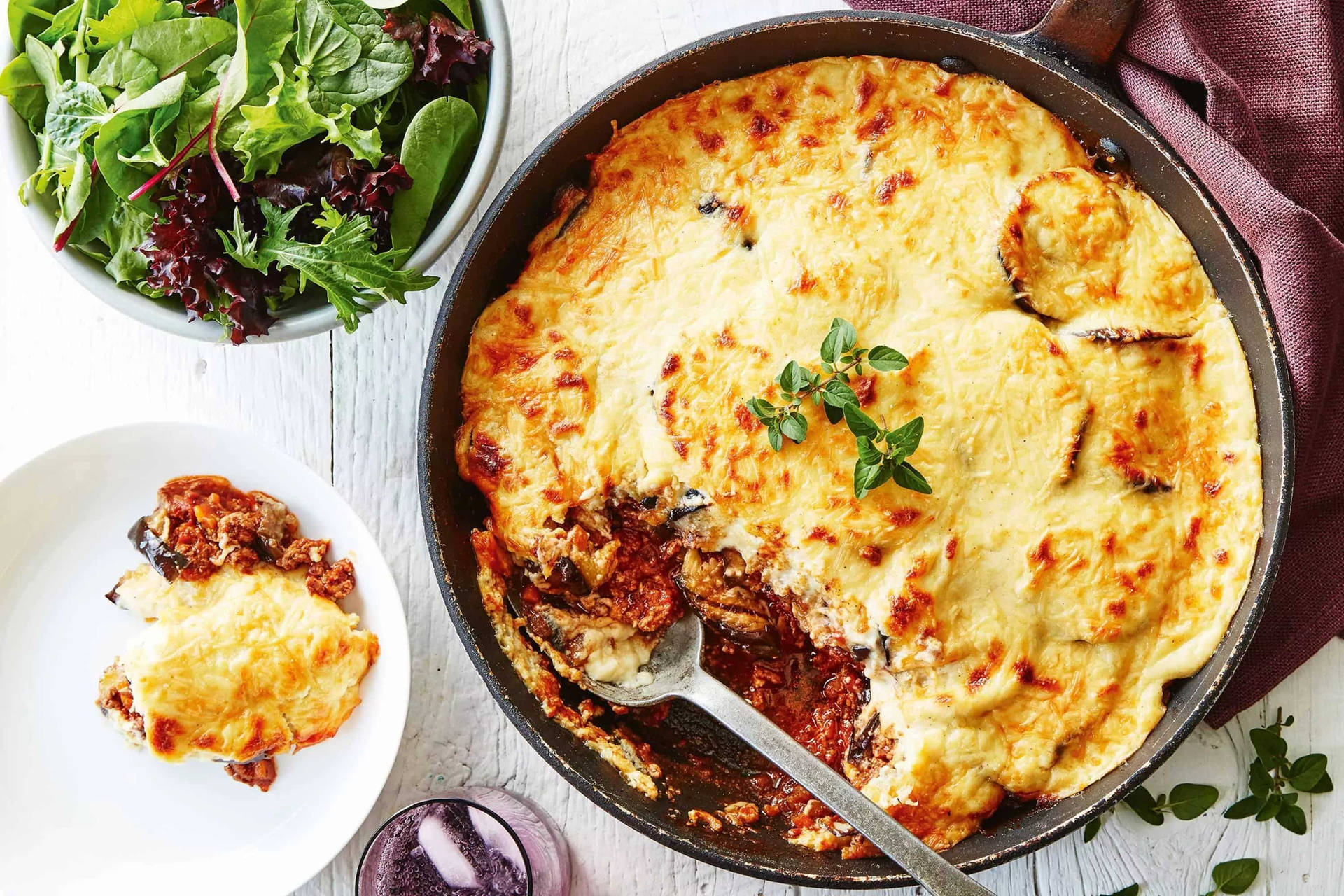 Top View Of Traditional Moussaka Dish Background