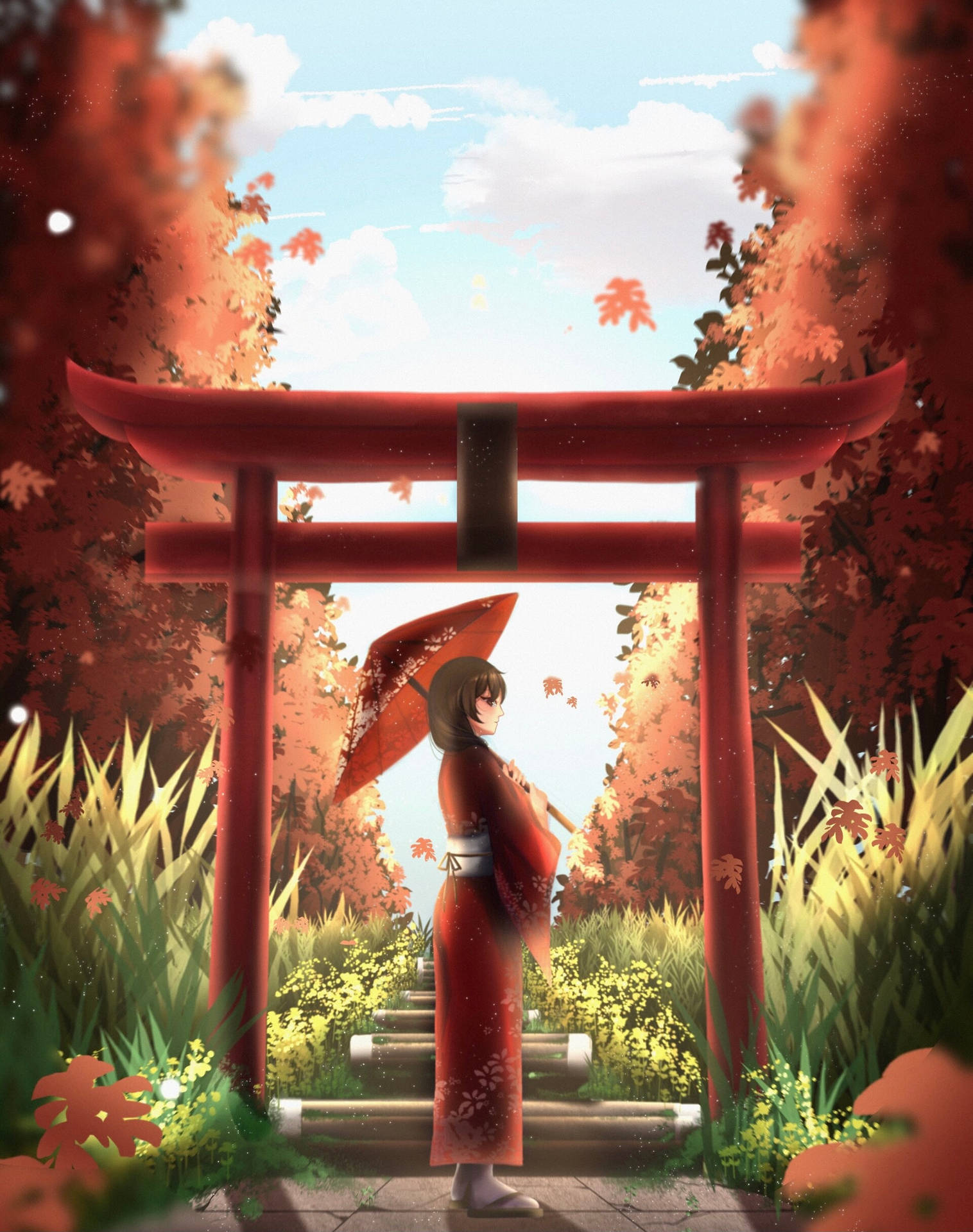 Torii Gate Anime Girl Background