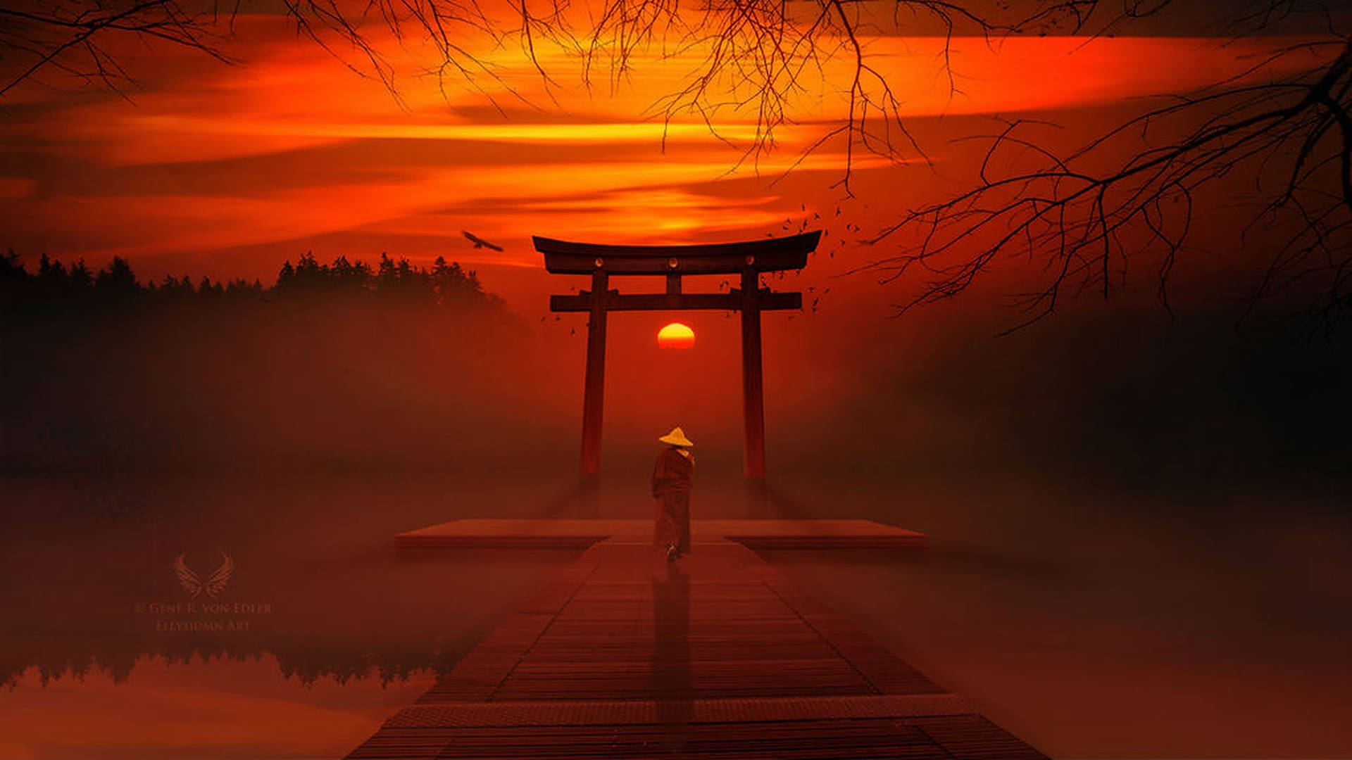 Torii Gate Red Sunset Background