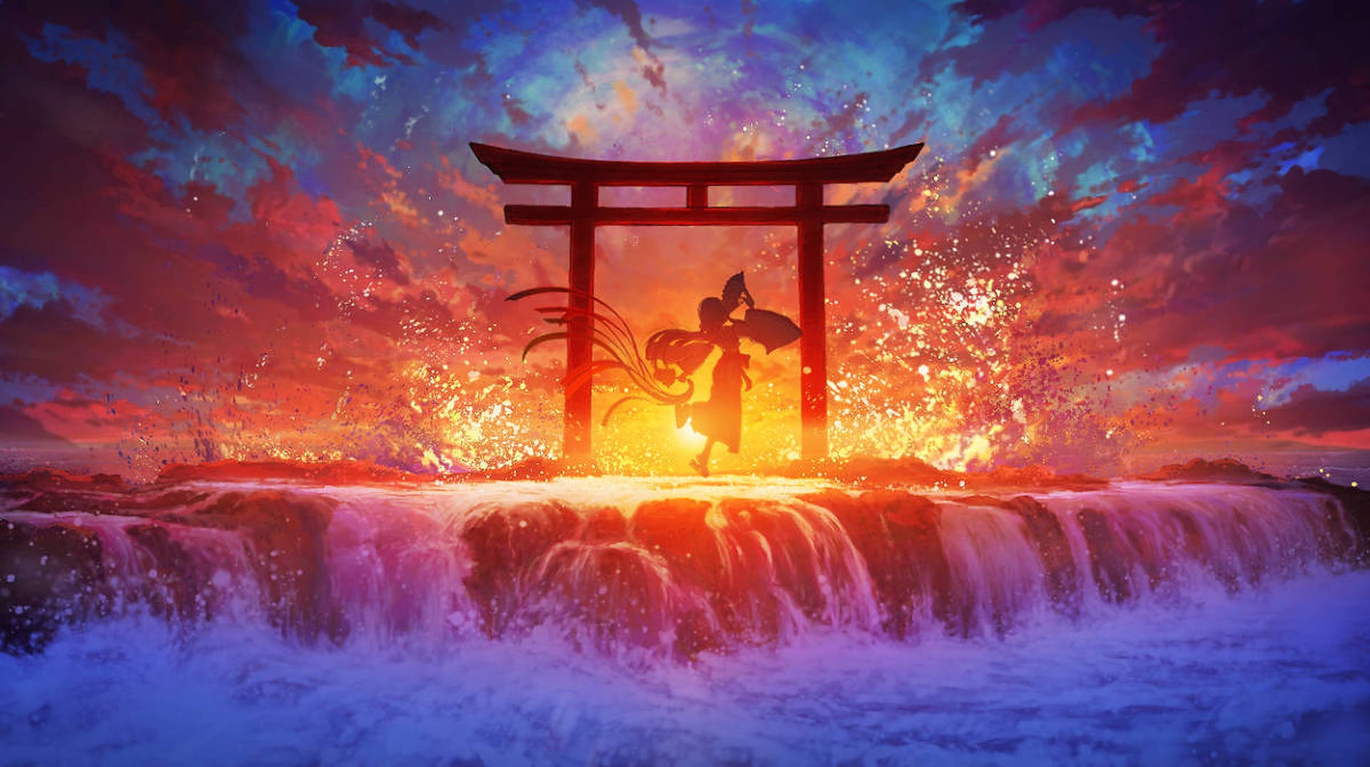 Torii Gate Waterfalls Background