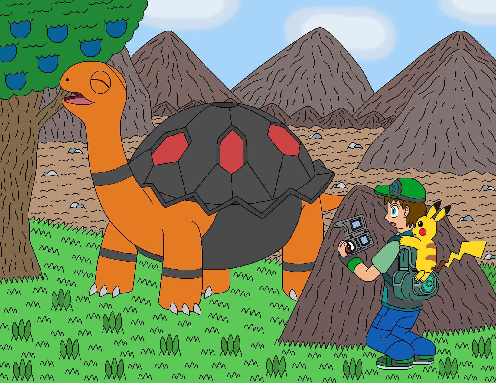 Torkoal With Trainer And Pikachu Background