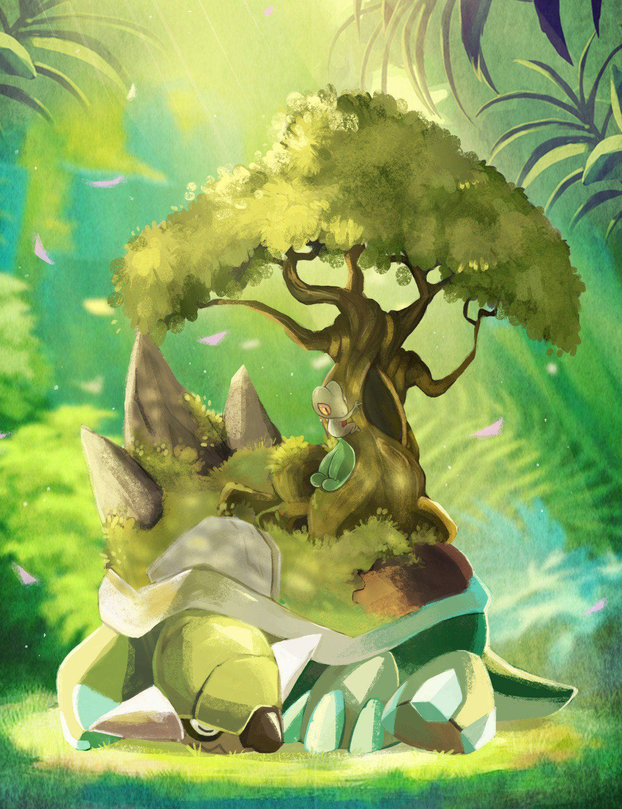 Torterra Sleeping In The Grass Background