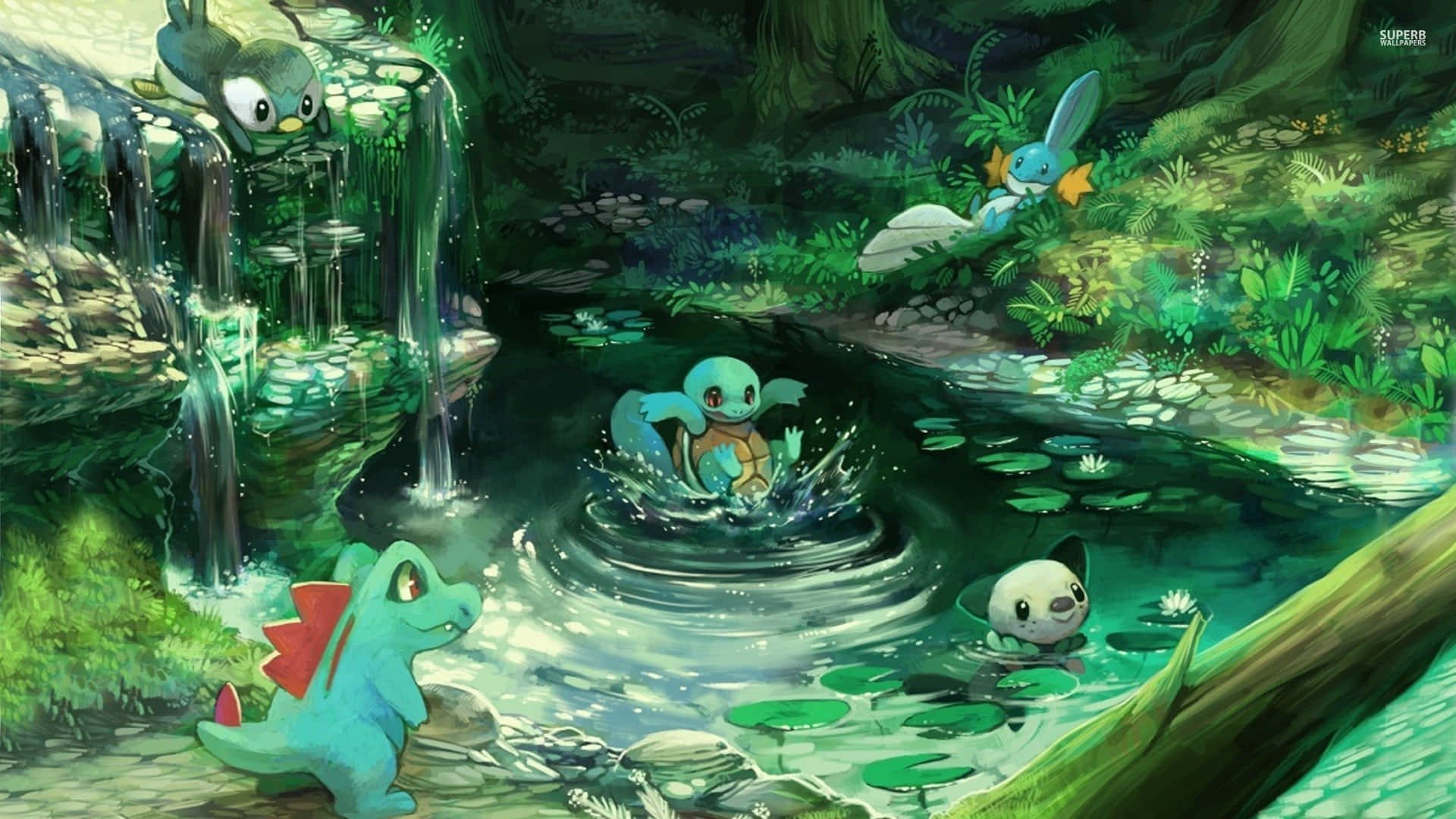 Totodile Looking At Friends In Creek Background