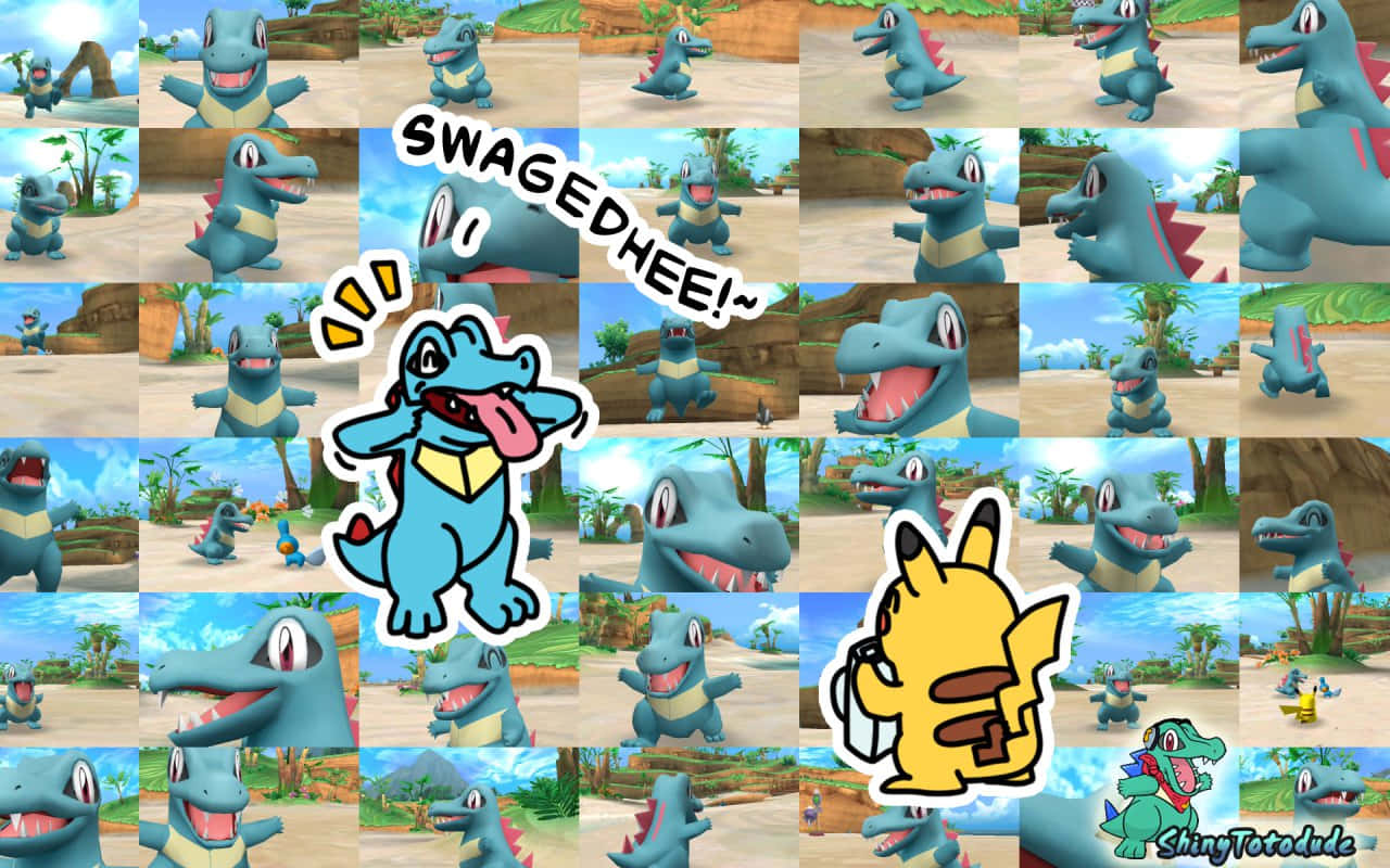 Totodile With Pikachu In Collage Background