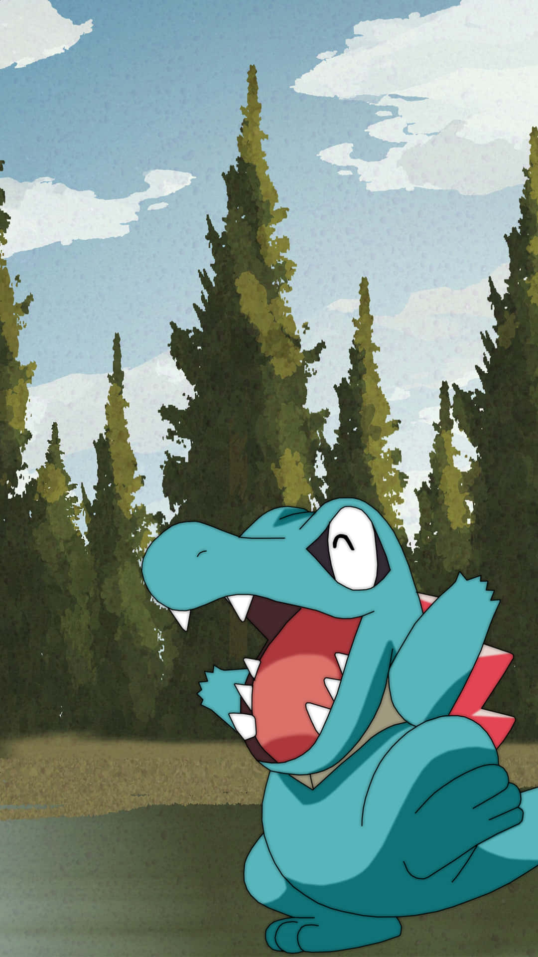 Totodile With Pine Trees Background