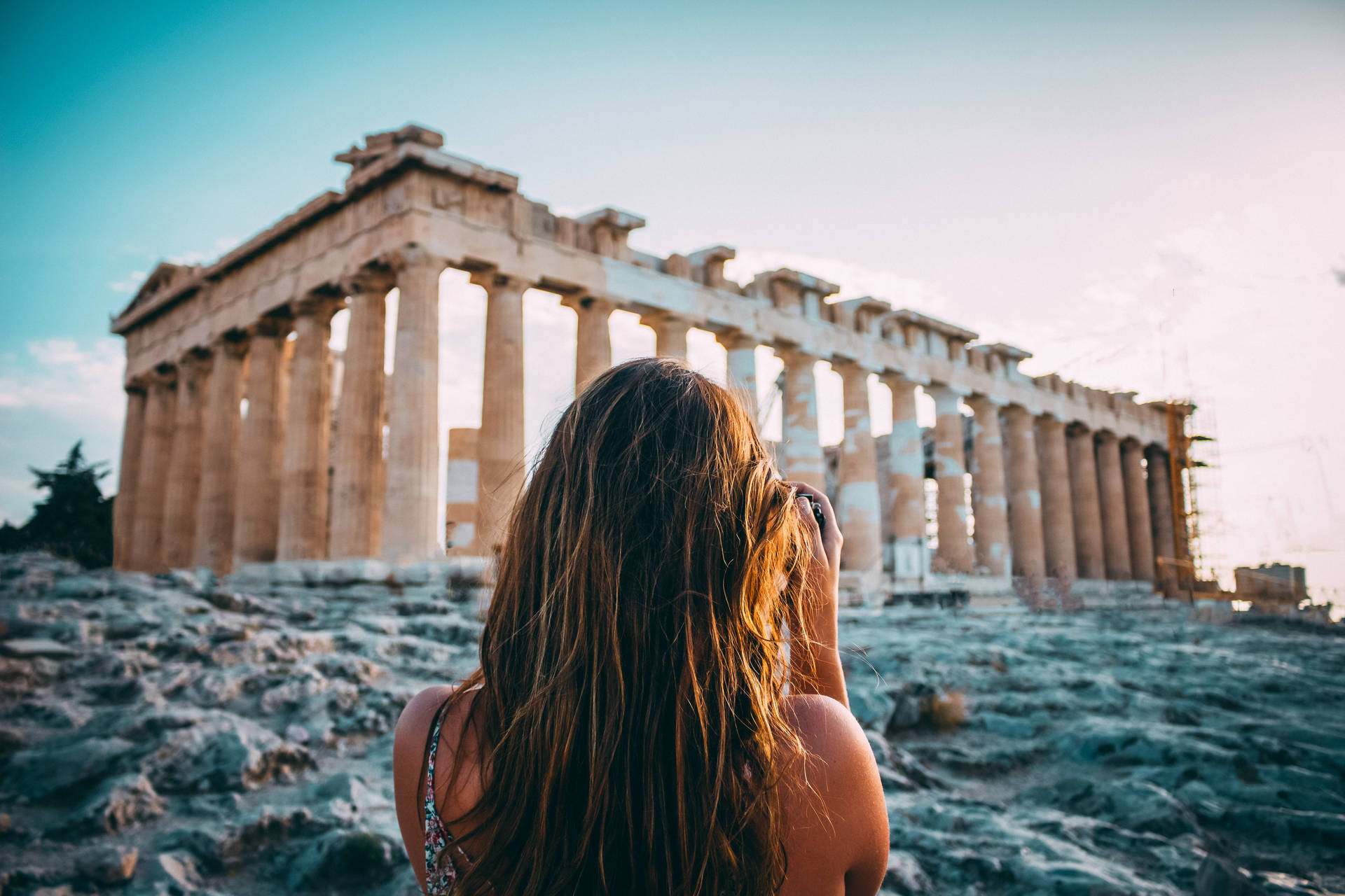 Tourist Girl In Athens Greece Background