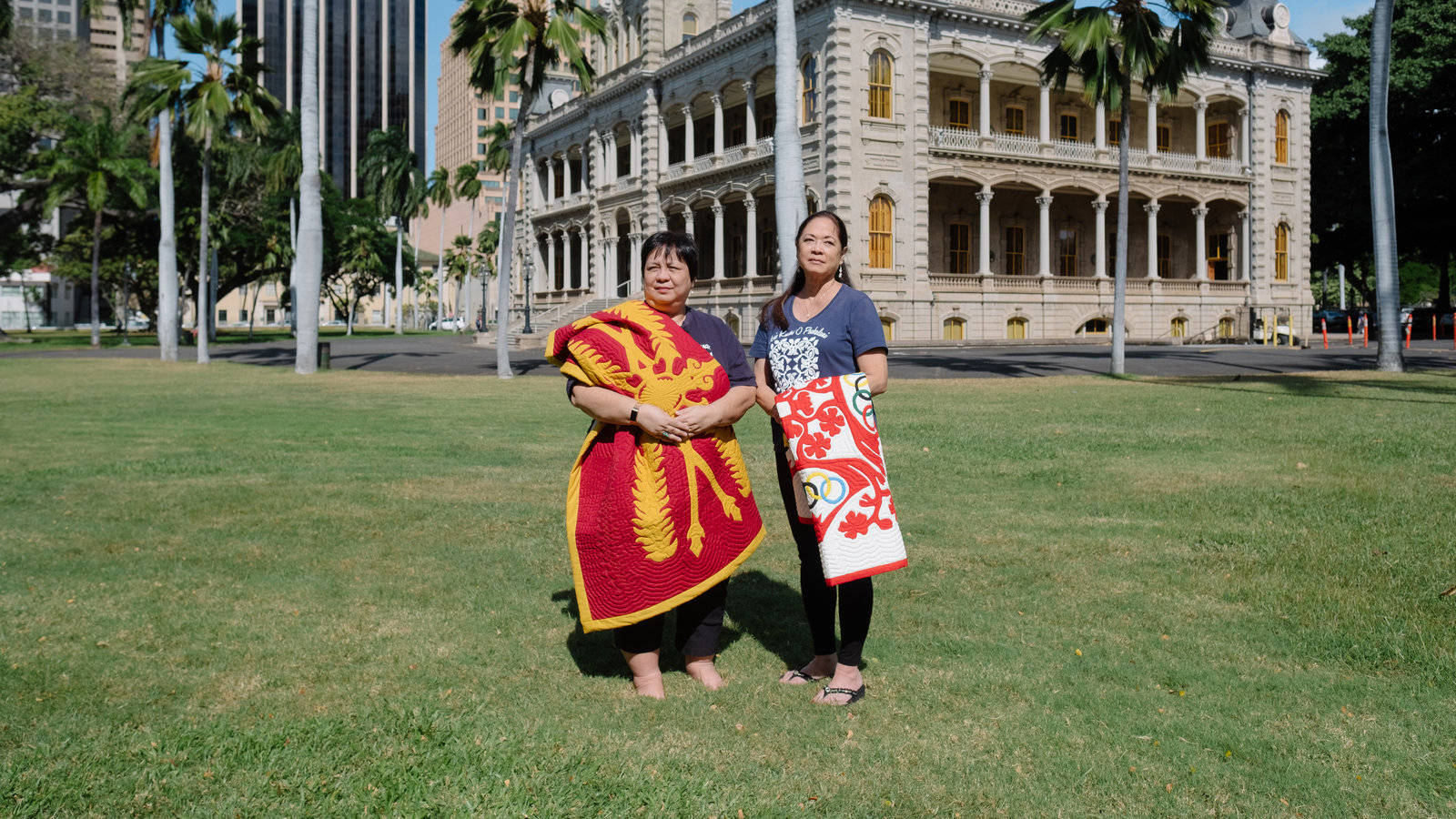 Tourists Behind Iolani Palace Background