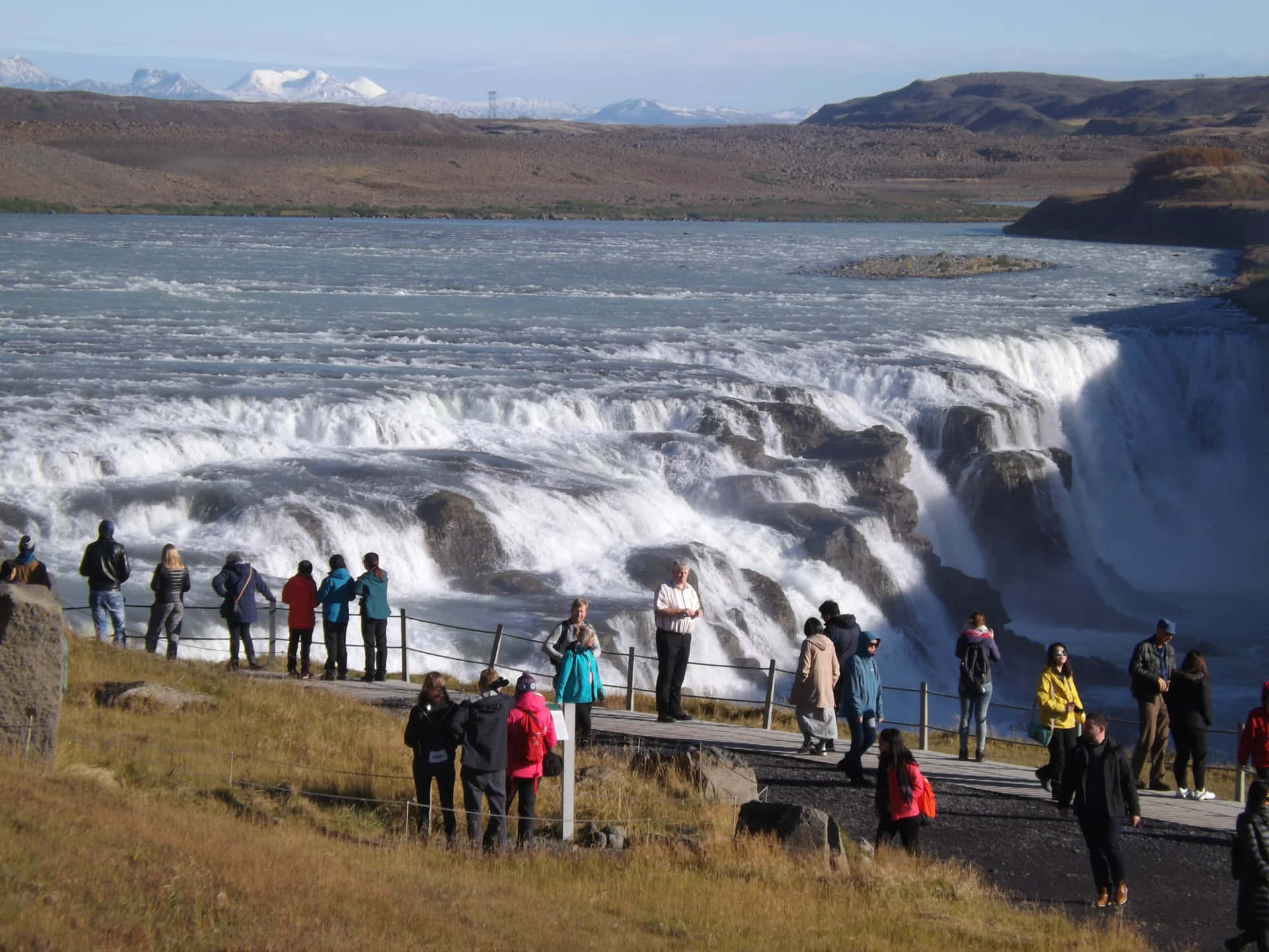 Tourists In Gullfoss Waterfall In Southwest Iceland Background