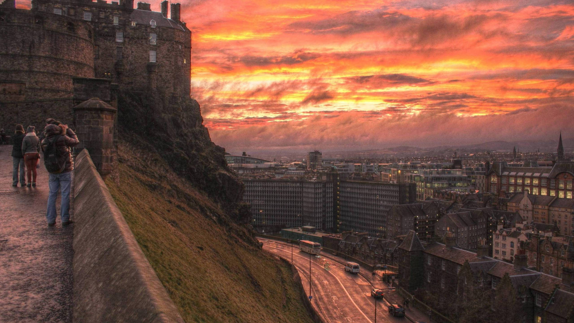 Tourists Visiting Edinburgh Castle Background