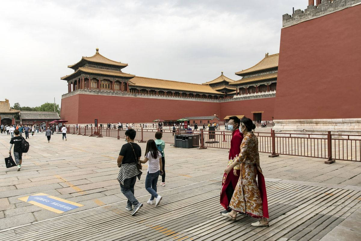 Tourists Walking Around Forbidden City Background