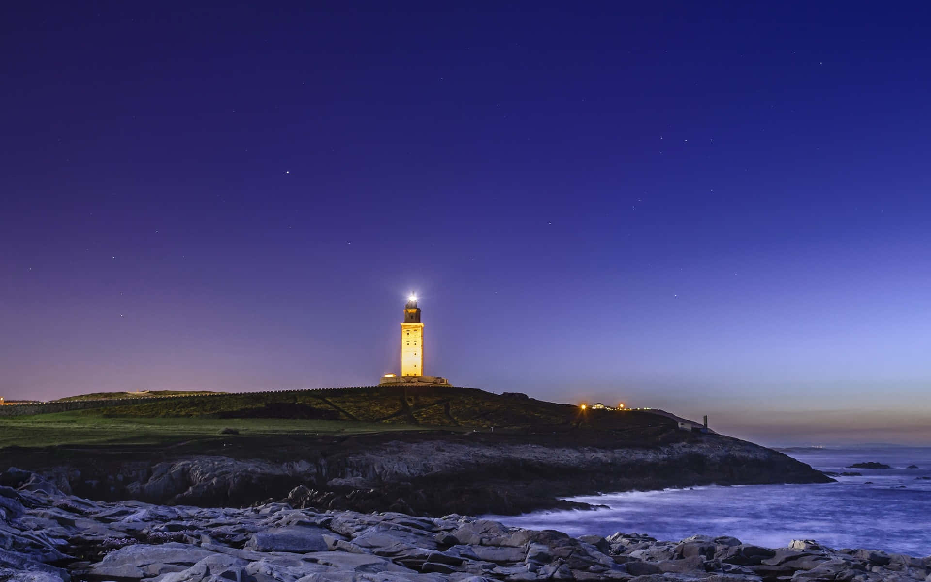 Tower Of Hercules At Night Blue Aesthetic Desktop Background