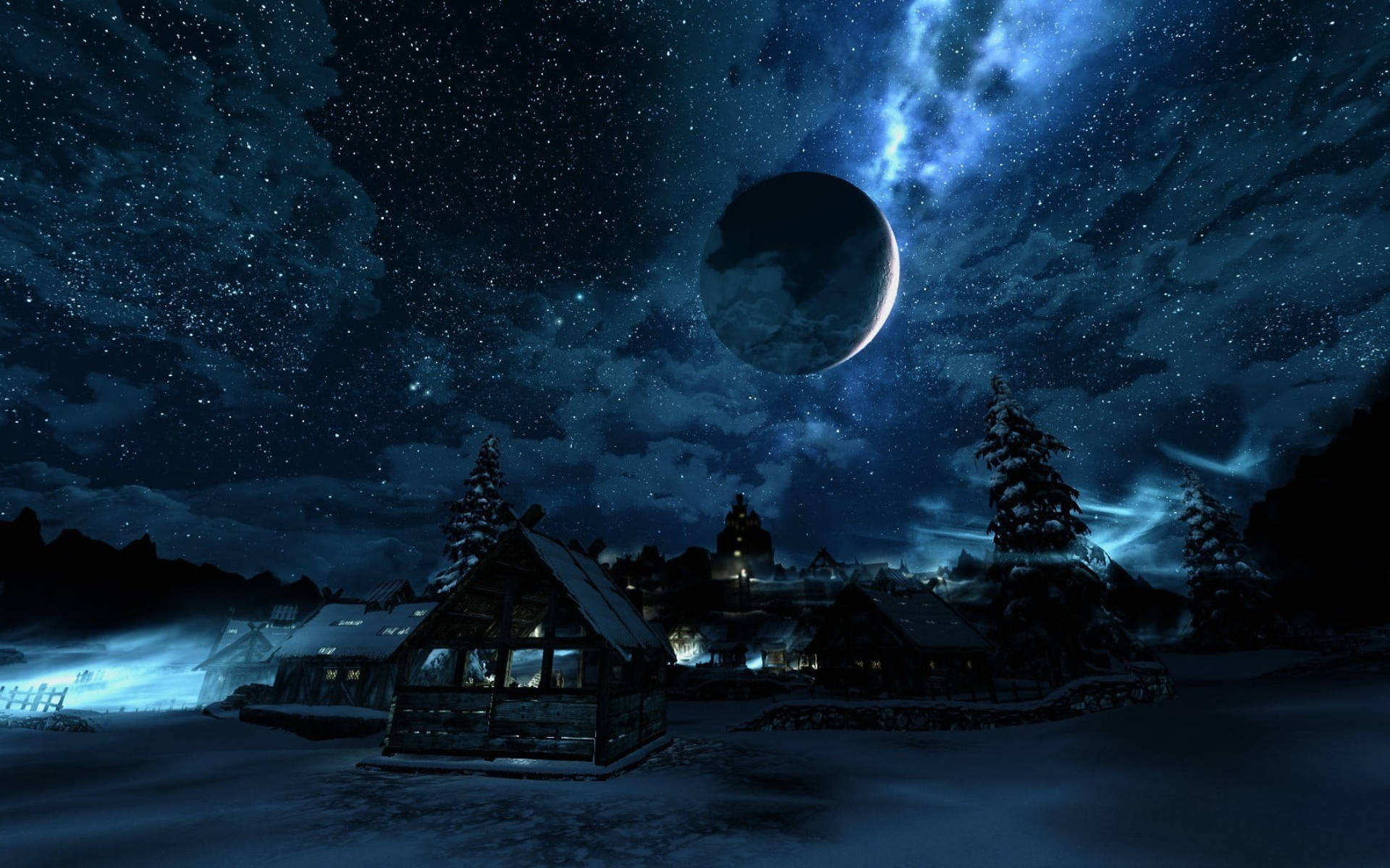 Town Under Galaxy Moon Background