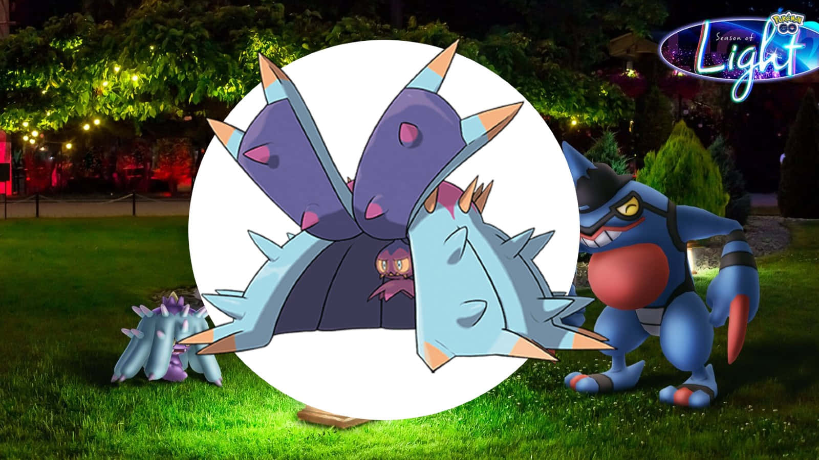 Toxapex In An Intense Battle Scene During Pokémon Go's Season Of Light Background