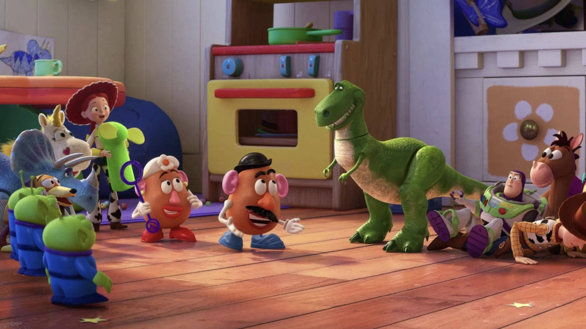 Toy Story Rex Talking With Mr. Potato Background